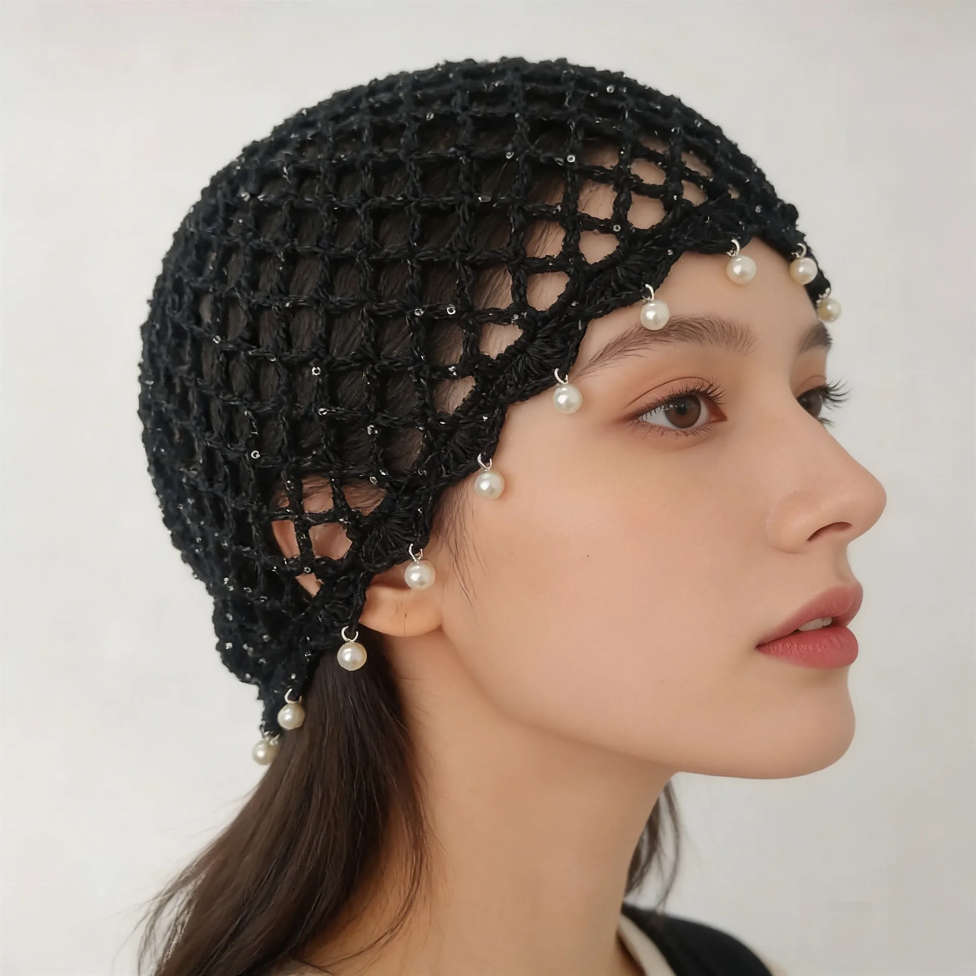 Elegant Street Solid Color Faux Pearl Tassel Hollow Knit Beanie Hat Crochet Openwork Ethnic Sophisticated Headwear Accessory
