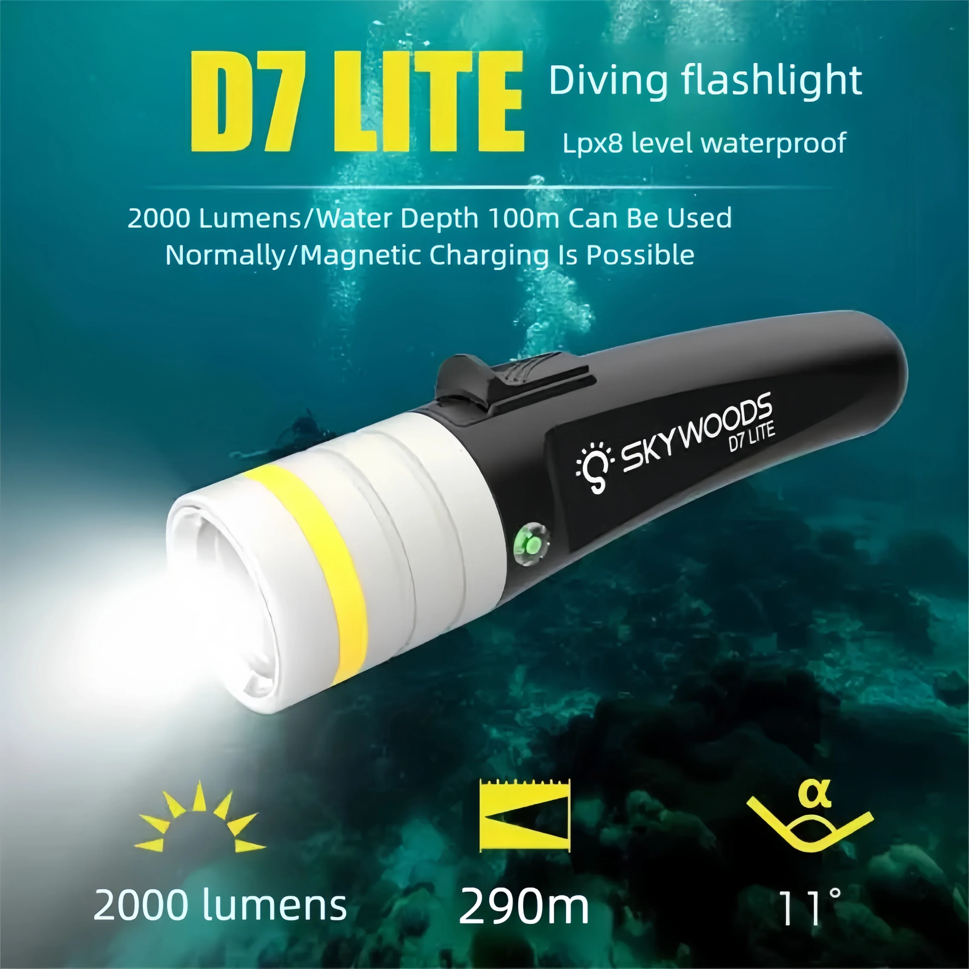 Skywoods Professional Diving Flashlight D7Lite Dual-Use for Water and Land, Magnetic Charging, 2000 Lumens, Small Banana-Shaped