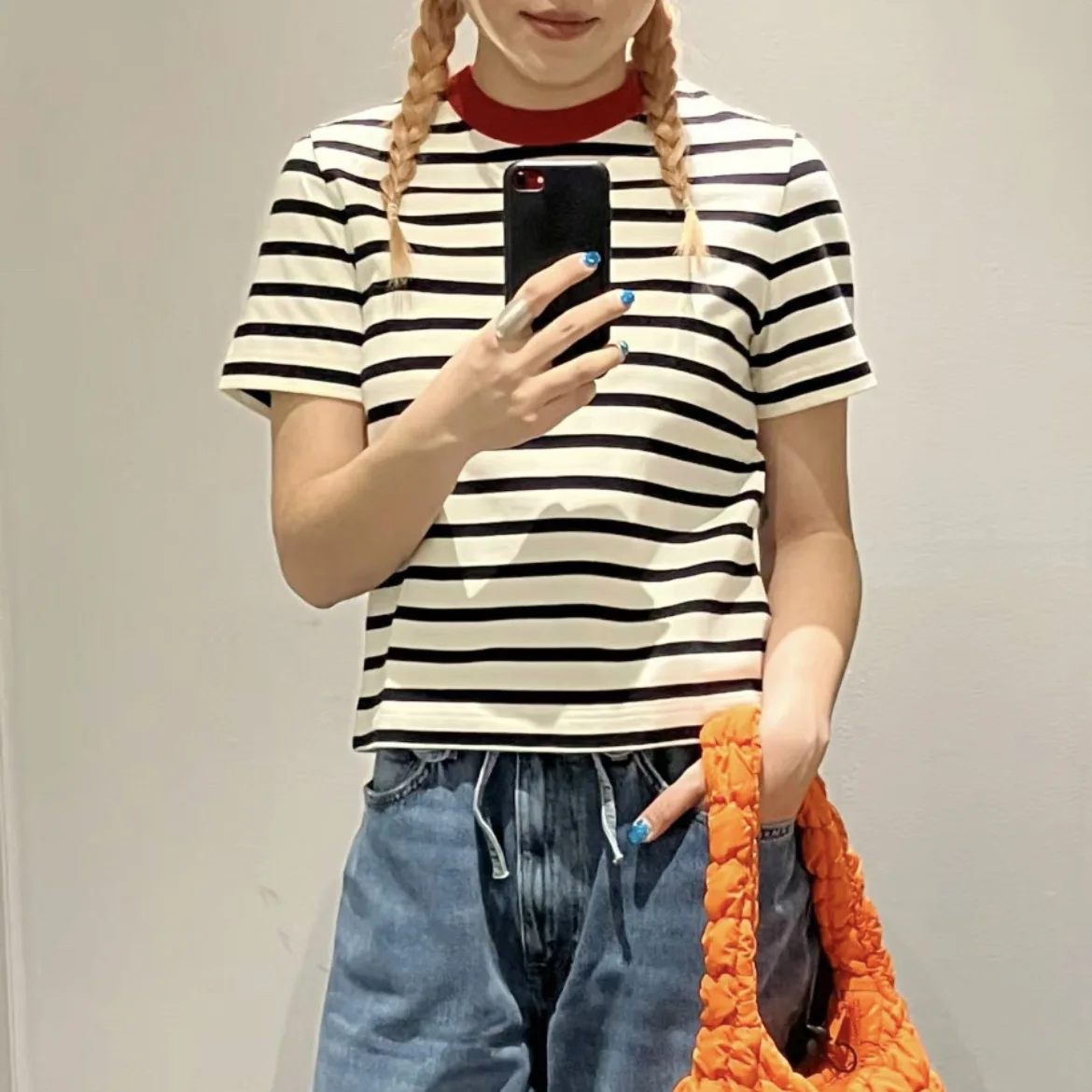 

9 colors Fashion Classic Striped T-shirt for Women Contrast Color Short Sleeve Ladies Pullover Tee Top