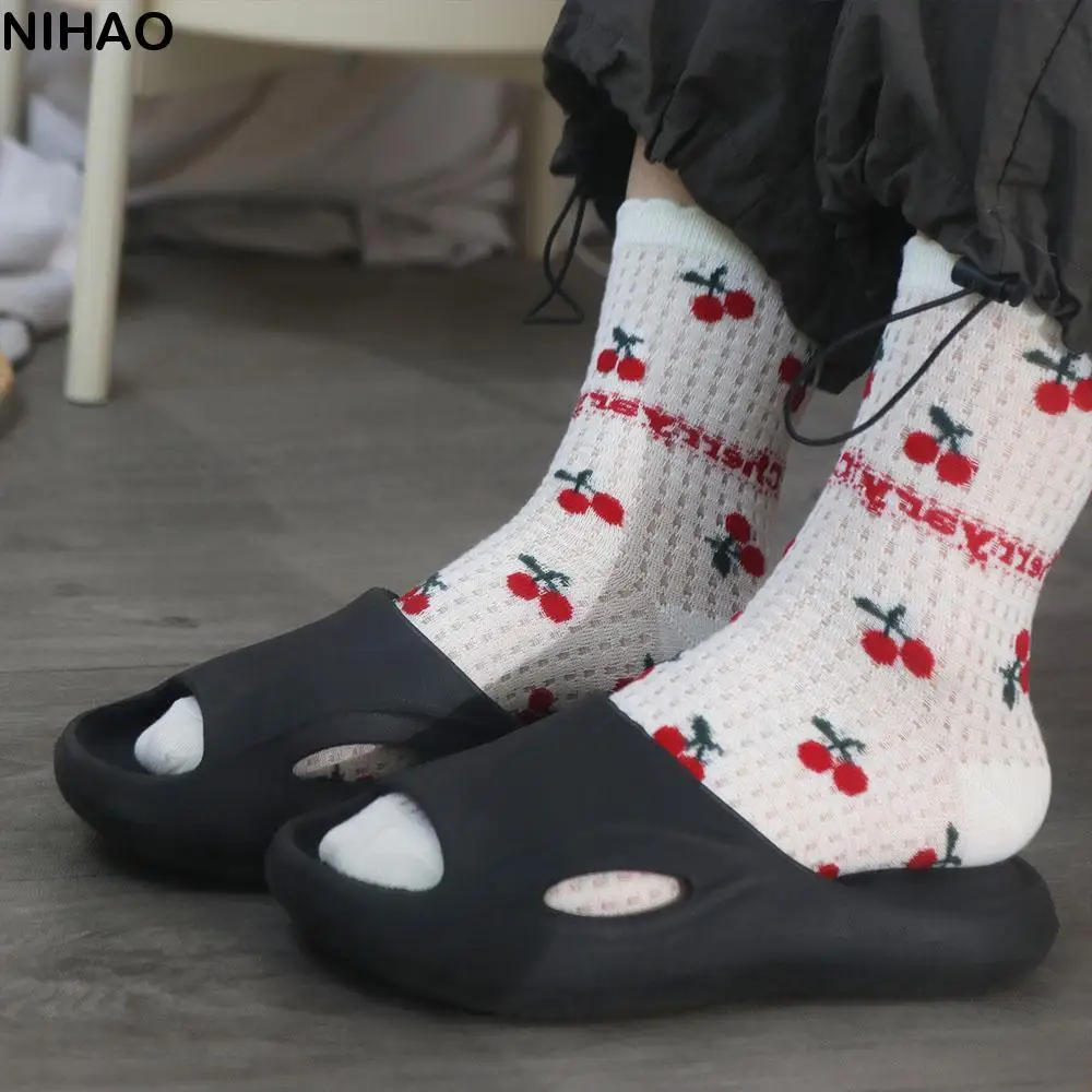 

Soft Ruffle Cherry Short Socks Hollow Out Letter Mesh Ankle Socks Ins Korean Style Thin Summer Tube Socks Lady