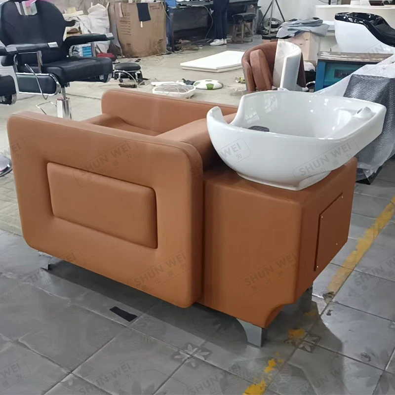 -Border Leather Bed, Hair Salons, With A Seated Semi-Reclining Fixed Shampoo And