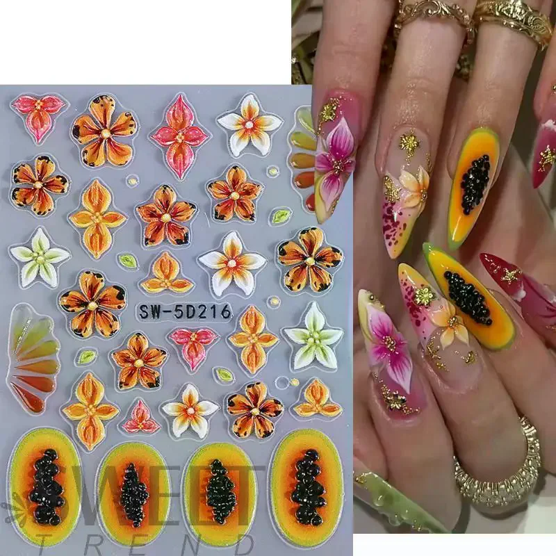 5D Summer Flowers Nail Embossed Stickers Pink Frangipani Hibiscus Starfish DIY Tropical Manicure Sliders 1Sheet