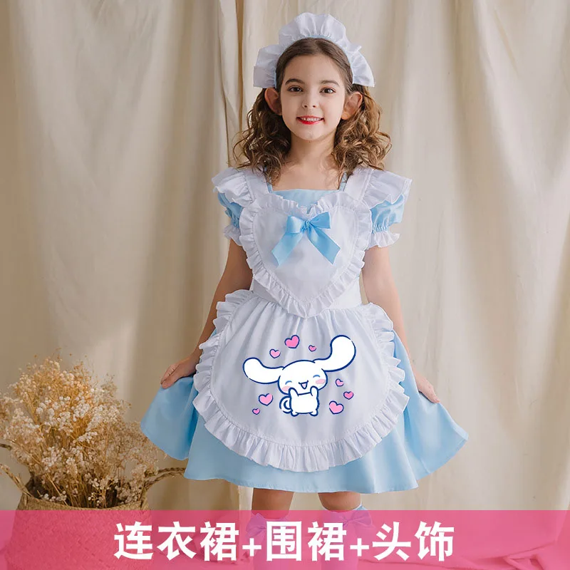 Kawaii Short Sleeve Dress My Melody Girls Princess Skirt Kuromi Cinnamoroll Kids Maid Lolita Skirt Cosplay Costume Birthday Gift