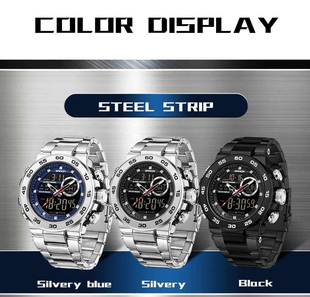 SANDA جديد 6296 ساعة إلكترونية عصرية للرجال رياضية متعددة الوظائف مقاومة للماء قرص كبير ثلاثة دبوس ساعة إلكترونية للرجال