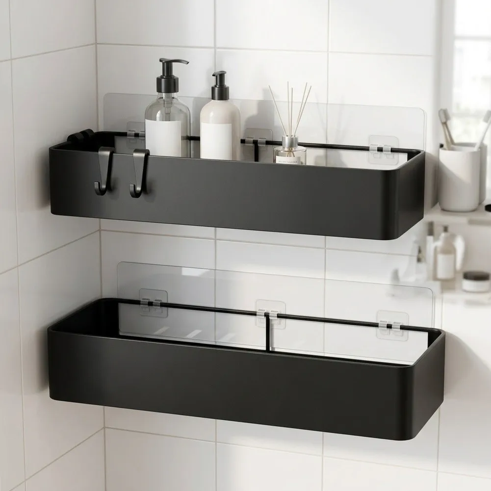 Rust Resistant Black Shower Shelf Set Iron Material No Drilling Installation 30 x 11 x 5.6 cm 32 x 12.5 x 6 cm Two Piece Set