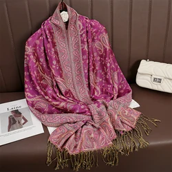 Women National Style Flower Pattern Scarf Jacquard Pashmina Cashmere Tassel Classic Shawl Coldproof Warm Neck Protection