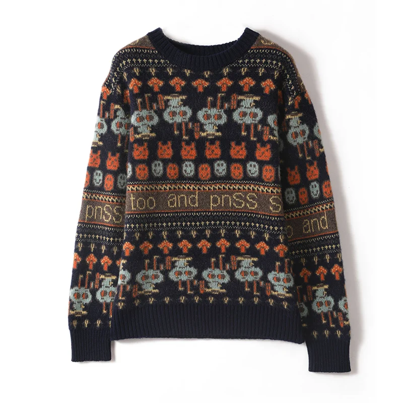 Autumn winter women's wool pullover sweater long sleeved round neck multi-color jacquard sweater basic style high-quality top