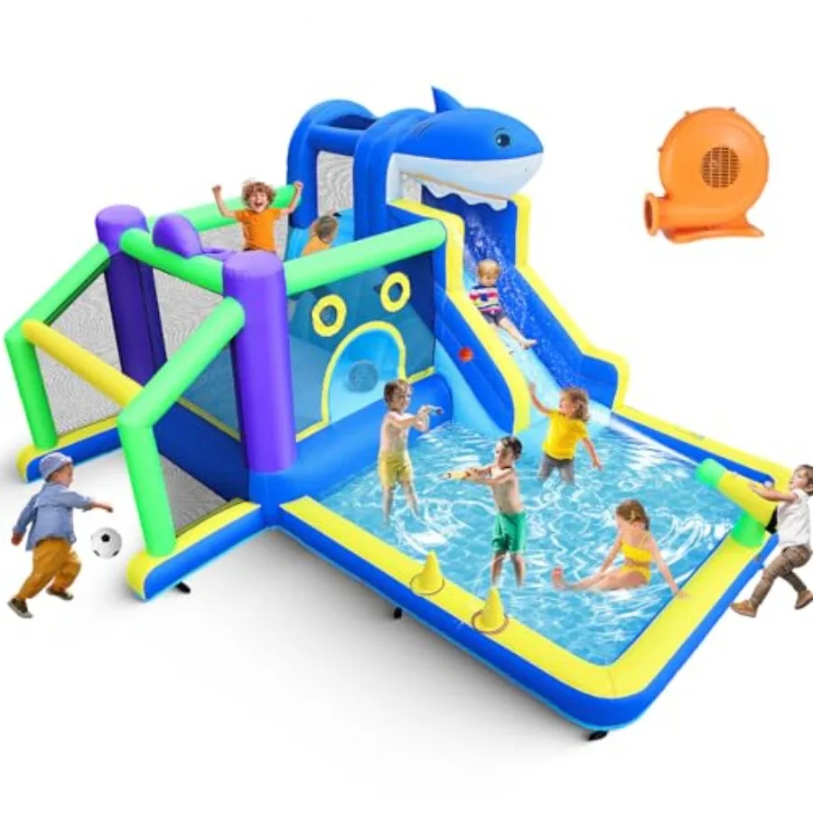 บ้านลมเป่าลม 10in1 พร้อมสไลเดอร์น้ำ ขนาด 13.3x11.3 ฟุต สำหรับเด็กเล็ก พร้อมสระน้ำเล่นน้ำ ผนังปีนป่าย และกระบอกน้ำ