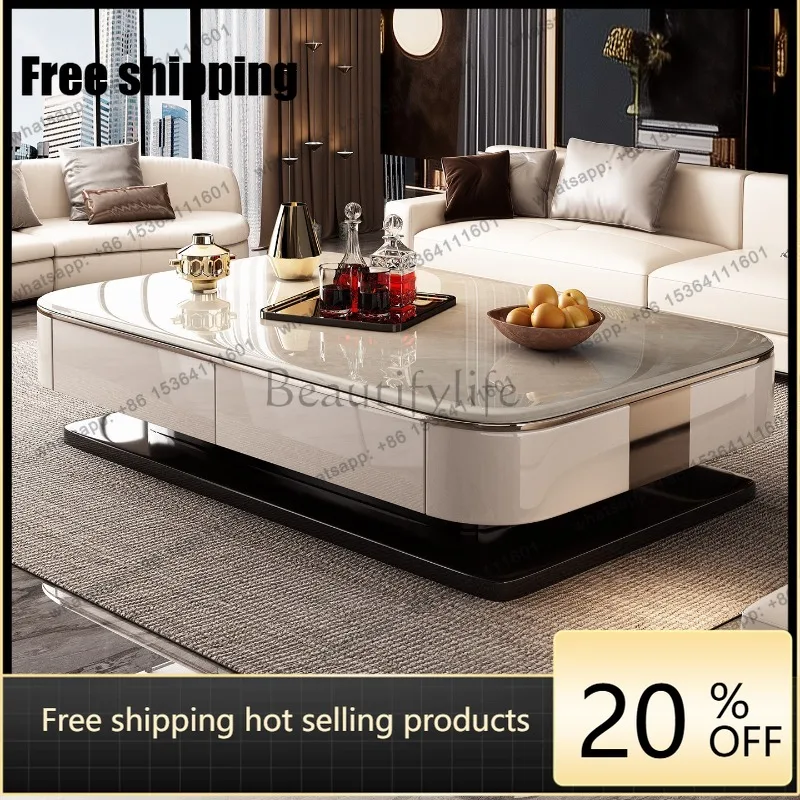 YJ modern light luxury solid wood microcrystalline stone coffee table living room home high-end double-layer coffee table