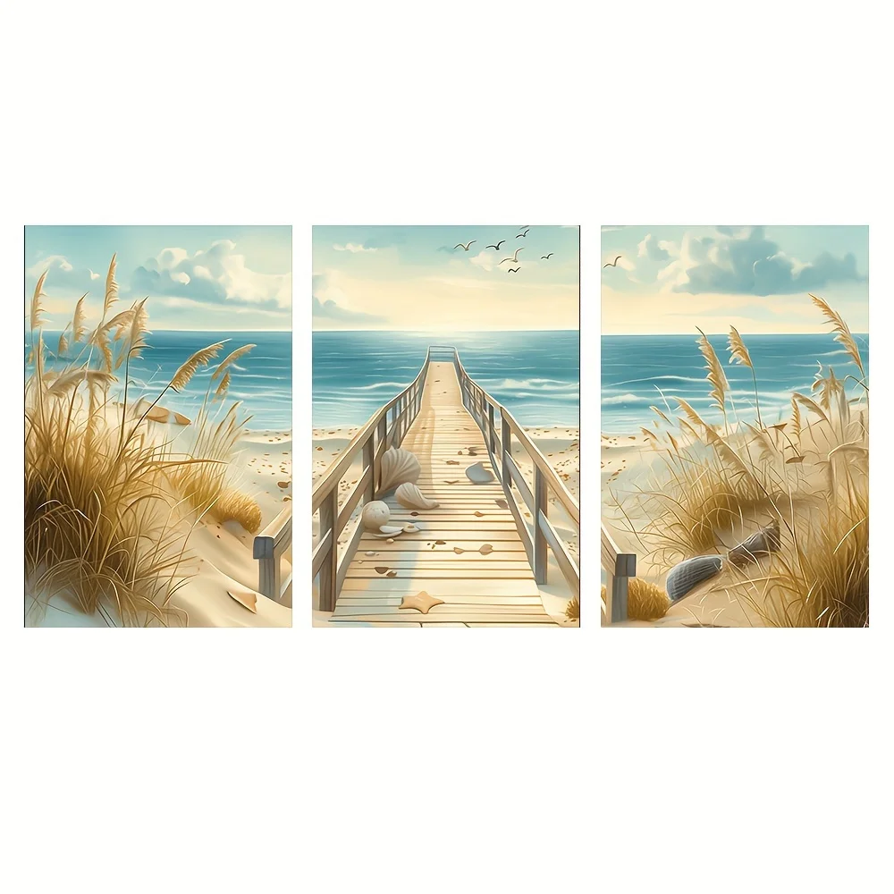 3pcs Coastal Landscape Canvas Wall Art Set, Frameless Beach Dunes & Wooden Bridge Prints, Pampas Grass Seascape Posters for H