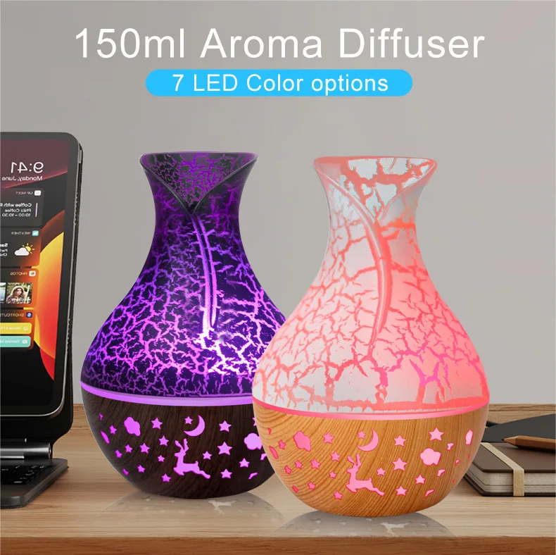 

B 150ml new vase air humidifier, hollow wood grain aromatherapy essential oil diffuser, 7-color LED light