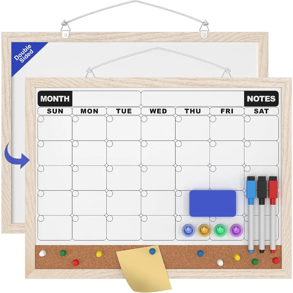 Calendar Dry Erase Board 16x12 Inch, Double-Sided Whiteboard and Corkboard Combo with White MDF Frame, Wall Mounted Planner Organizer with Markers, Magnets, Push Pins, Eraser