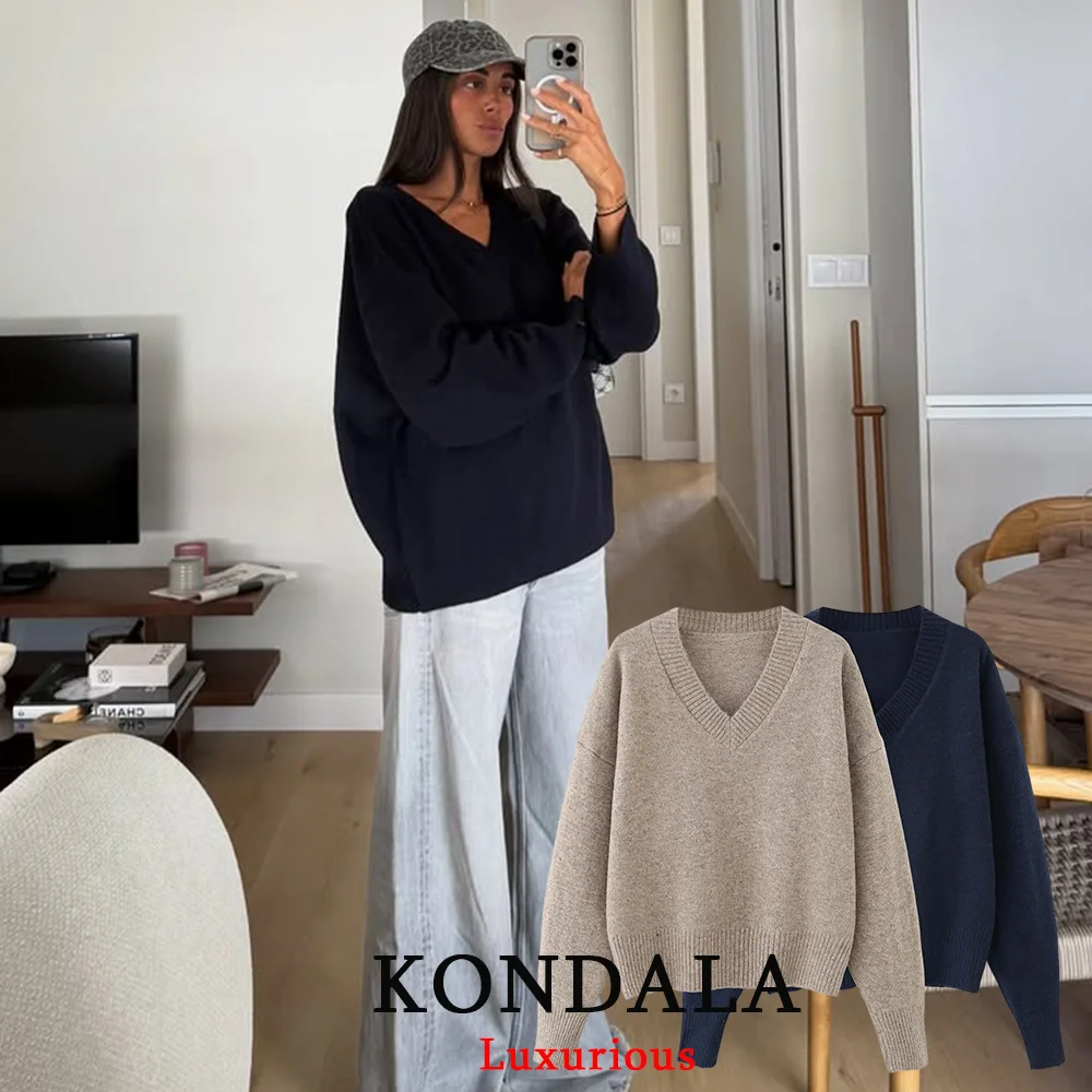 KONDALA Casual V Neck Soft Knit Sweater Women V Neck Long Sleeve Loose Pullovers Fashion 2025 Autumn Winter Office Lady Tops
