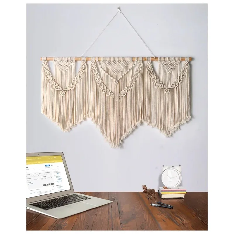 Large Macrame Wall Hanging Tapestry  with  Wooden Stick Hand-Woven Bohemia Tassel Curtain Tapestry  Wedding Backgrou Boho Decor