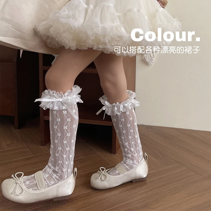 Sweet Girls Thin Breathable Mesh Mid-Calf Socks Summer Four-Petal Flower And Bow Decor Lace Border Elastic Soft Fabric Stockings