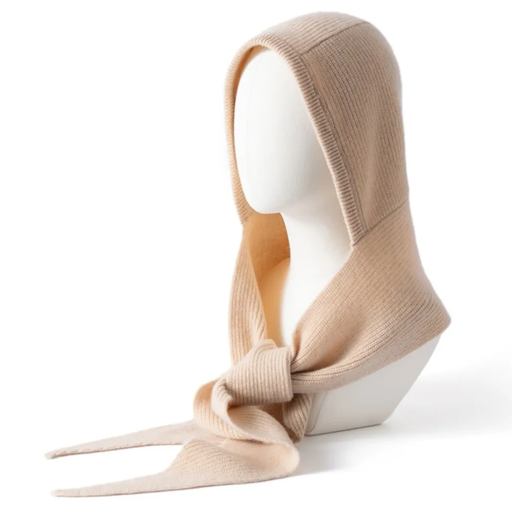 Cashmere Hooded Scarf Hat Ribbed Knit Beige Women Daily Wear Winter Warm Cozy Classic Style New Arrival Item Soft Fluffy