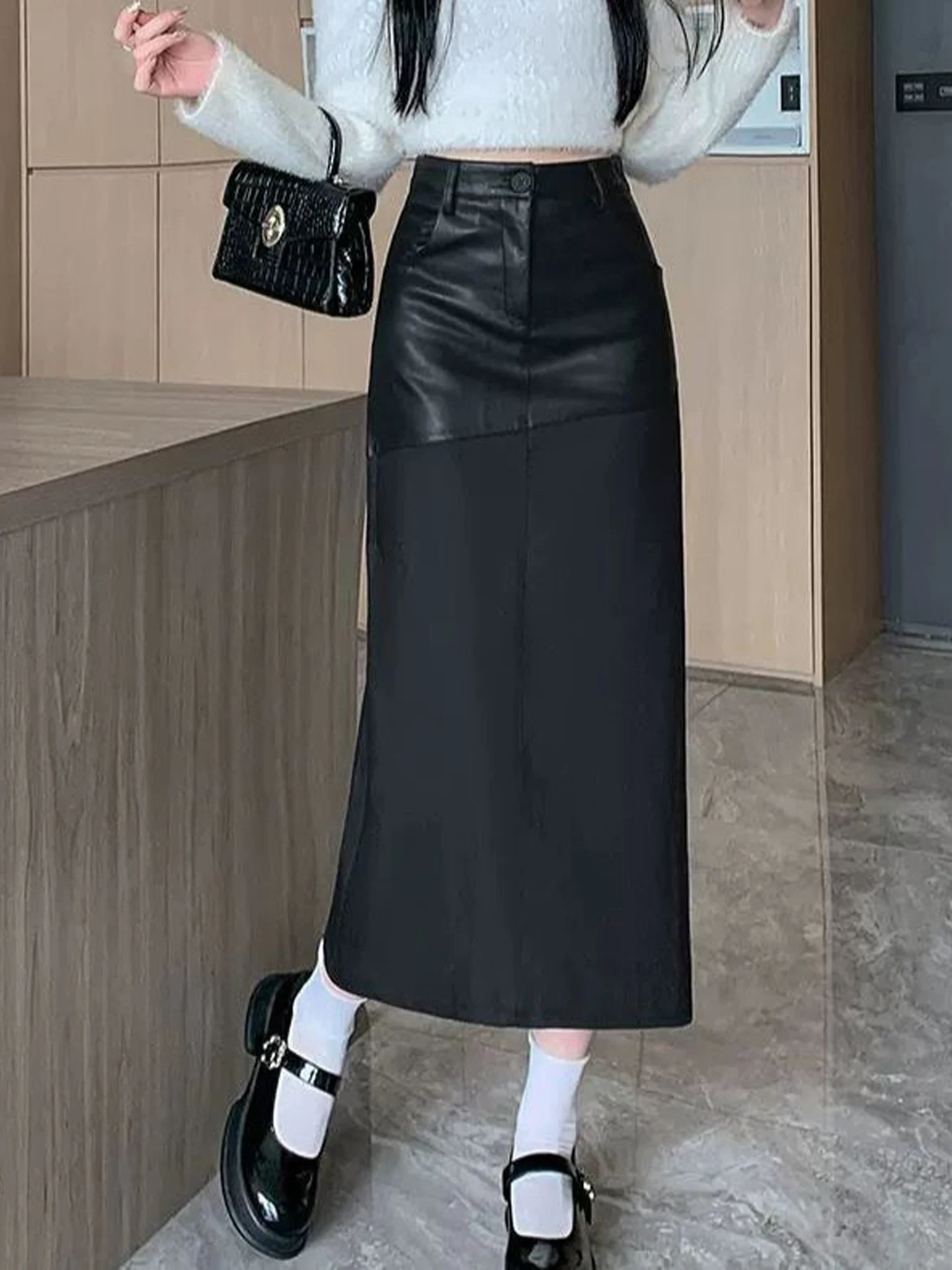 Fashionable Korean Black Mid-Length PU Leather Skirt Women's Autumn New High-End A-Line Bodycon Split  Skirt