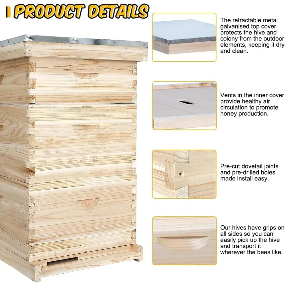 Bee Hive,10 Frame Bee Hives Boxes Starter Kit, Langstroth Beehives Include 2 Deep Hive Boxes and 1 Medium Super Bee Box