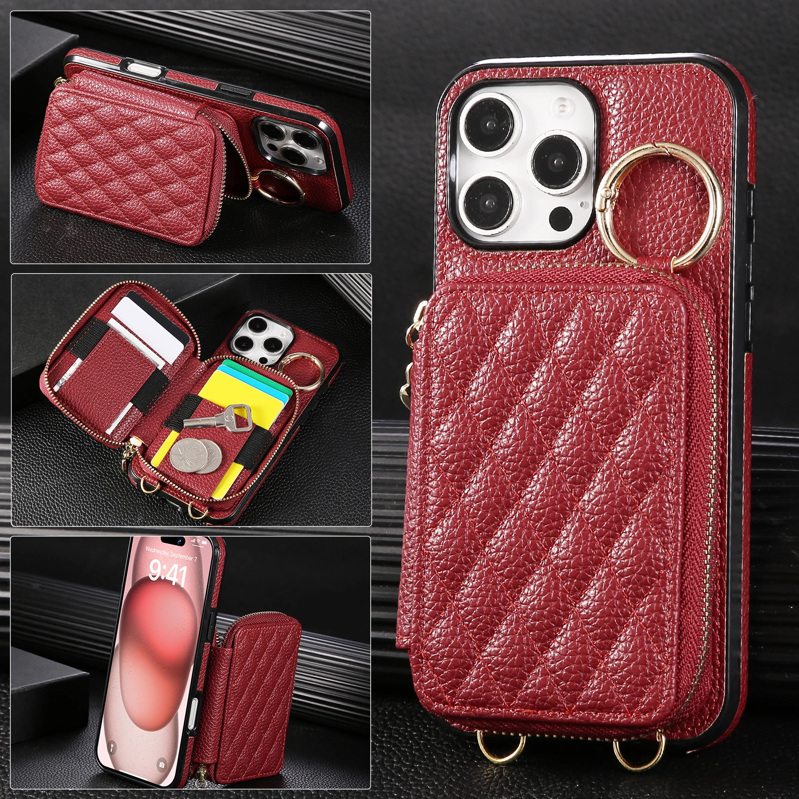 Crossbody Zipper Card Bag Wallet Leather Case For iPhone 16 Pro Max 15 Plus 17 Air 14 13 12 11 Lanyard Grid Ring Holder Cover