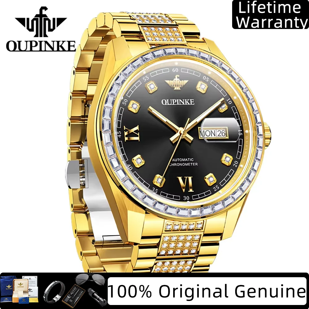 OUPINKE 3328 Full Diamond Stainless Steel Automatic Mechanical Men's Watches Original Dual Calendar Luxury Business Wristwatches