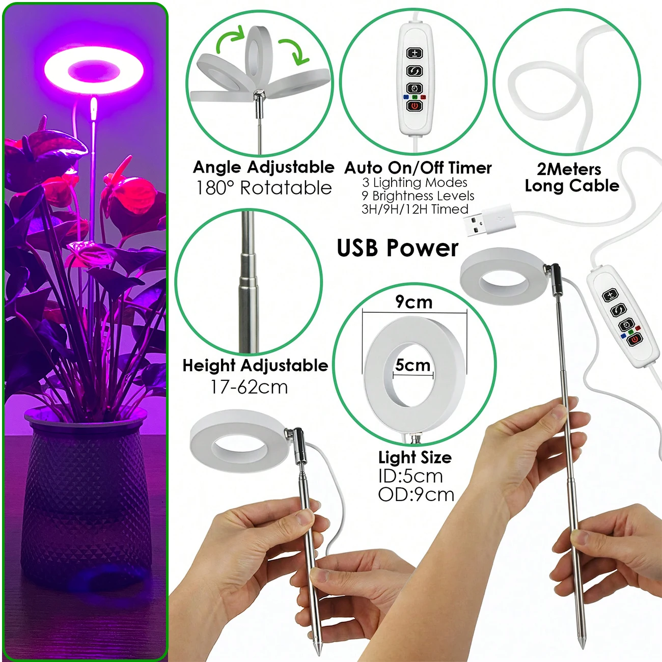 USB عكس الضوء 3 طرق الطيف الكامل تنمو ضوء للنباتات الداخلية الموقت ارتفاع قابل للتعديل الأبيض الدافئ الأحمر والأزرق هالة النبات تنمو مصباح #4