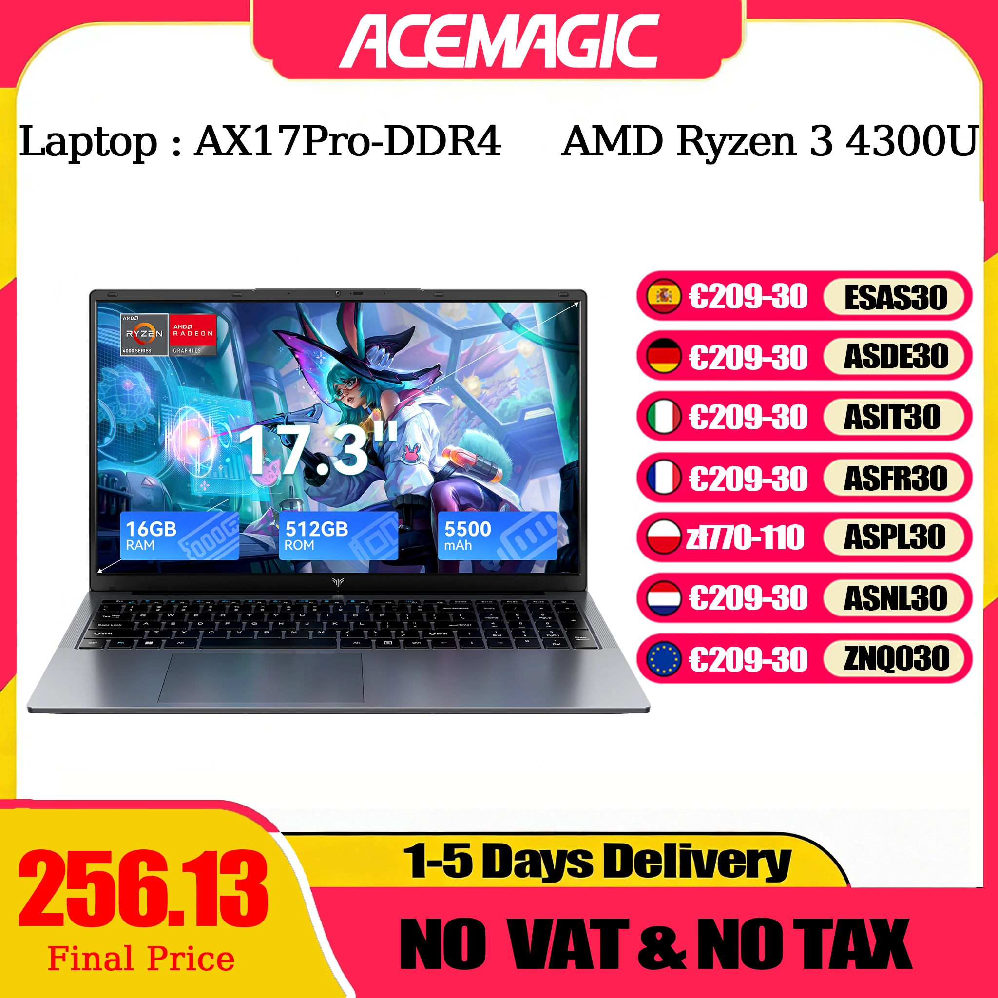 ACEMAGIC AX17Pro ordenador portátil AMD Ryzen 3 4300U Windows portátil 17,3 pulgadas IPS 16GB DDR4 512GB NVMe SSD teclado numérico