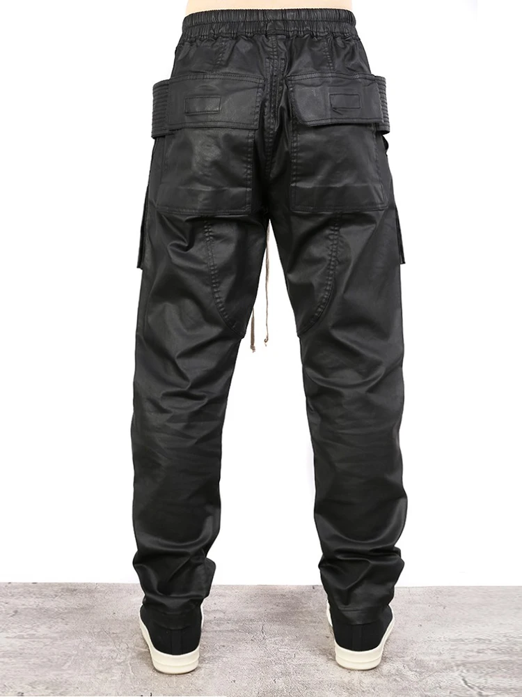 High Quality Niche Designer Style Dark Brush Wax Coating Double Ring Overalls Straight-Leg Pants