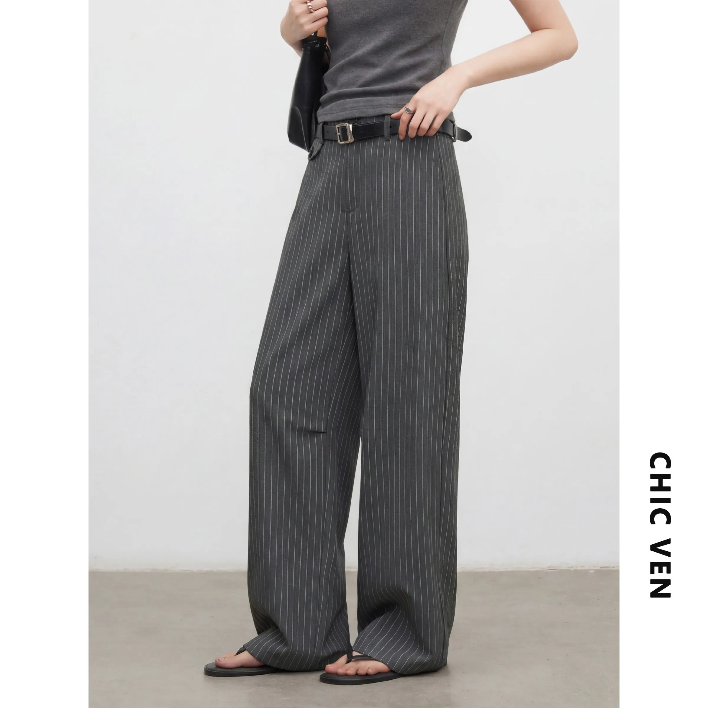 CHIC VEN New Fashion Women Trousers Loose Casual Herringbone Office Ladies Wide Leg TR Suit Pants Side Pocket Spring Summer 2026