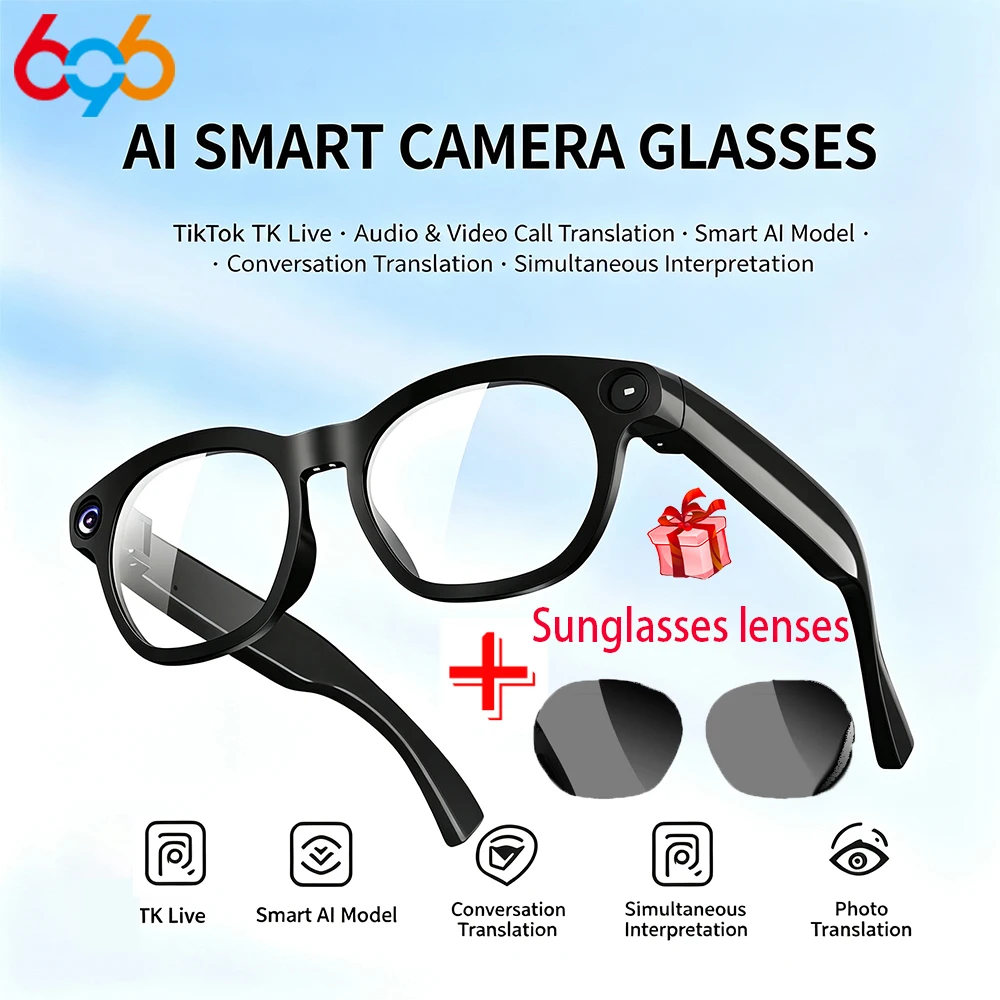 

AI Smart Glasses 800W Shooting Camera HD Photo Video Voice Call Eyewear Men Lady Music Wireless Wearable Translation Waterproof