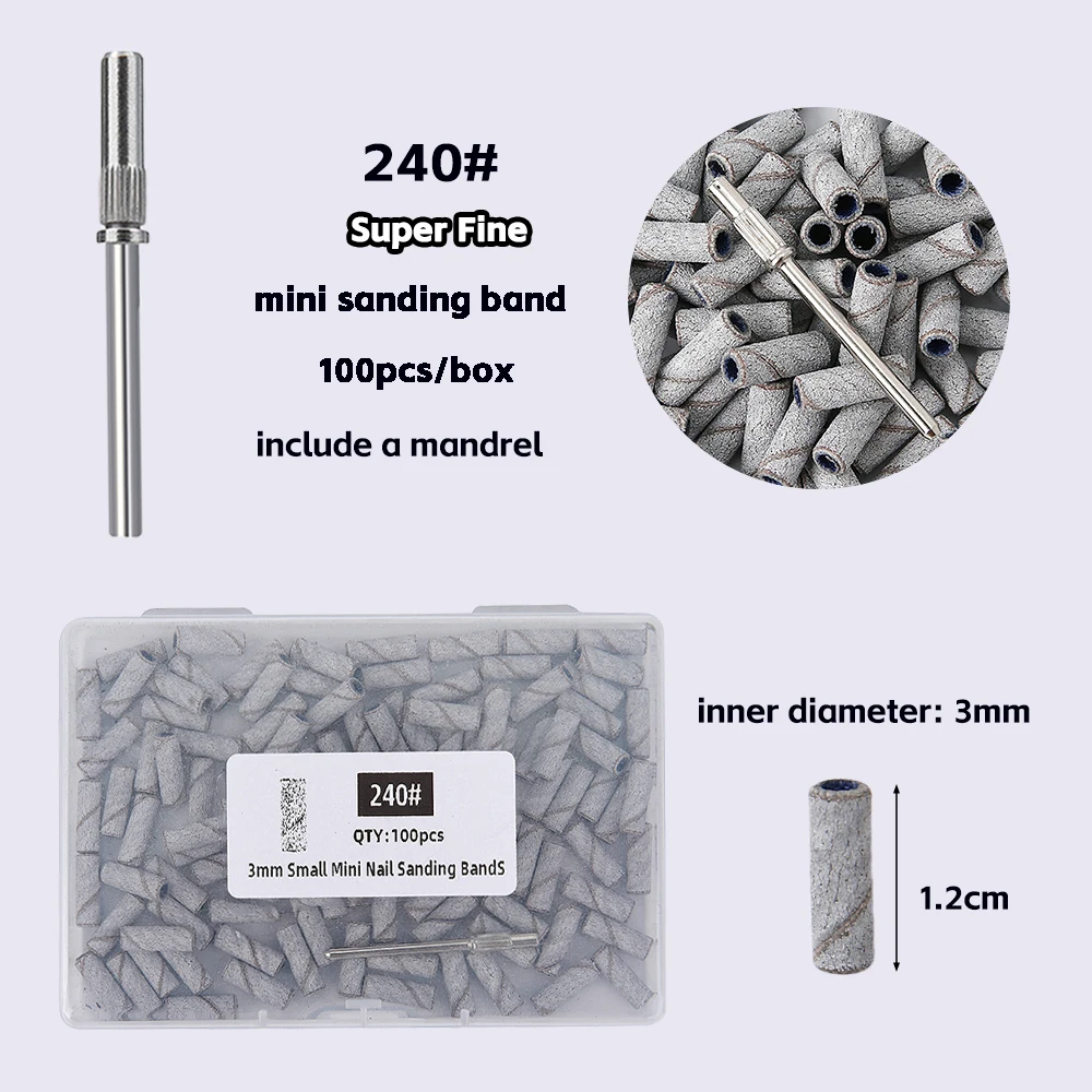 100/200 Stück 3 mm Nagelschleifbänder-Set mit Dorn – Schleifpapier mit Körnung 80/120/180/240 für Nagelbohrer, Maniküre, Pediküre, Salon – Detail 11