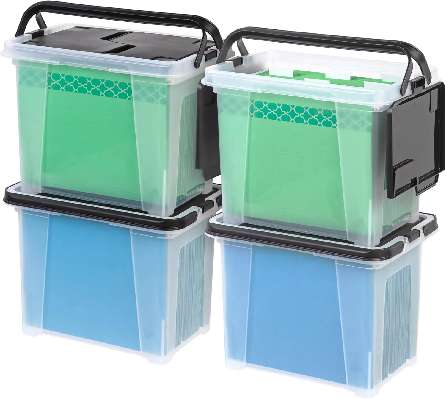

Document organizer, suitable for letter paper and documents, BPA-free, with handle, stackable and nestable, 18 quarts, 4-pack.