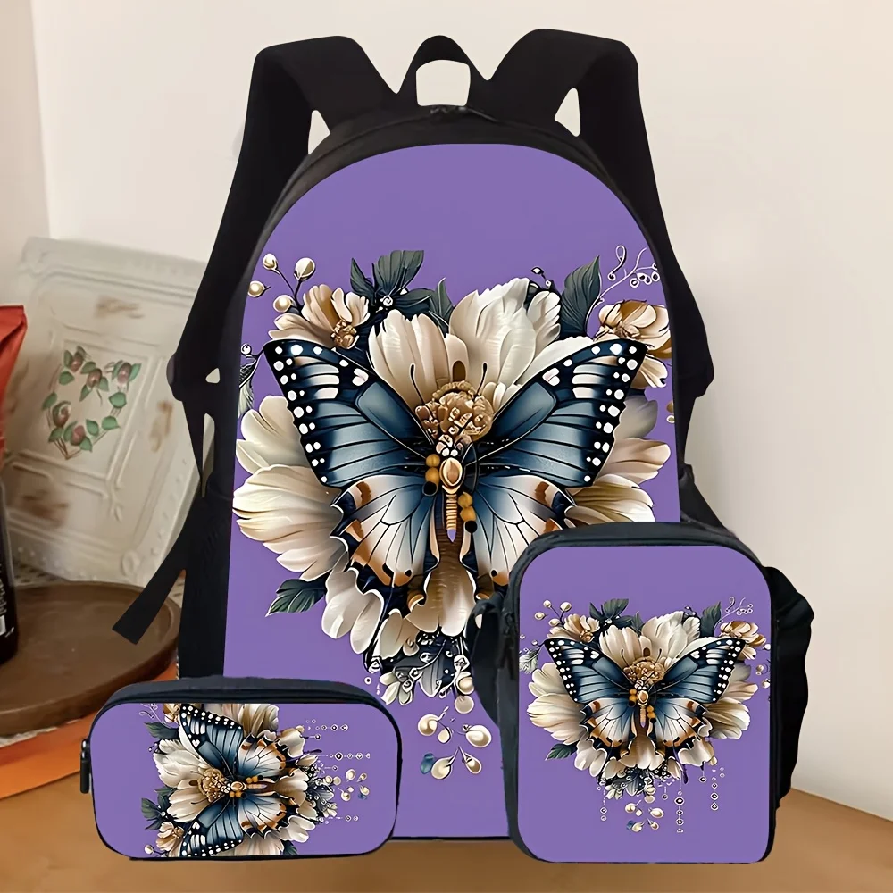 

3pcs [2D Flat] Butterfly Floral Print Backpack Set Stylish School Backpack with Pencil Case And Small Bag, Casual Daypack For, U
