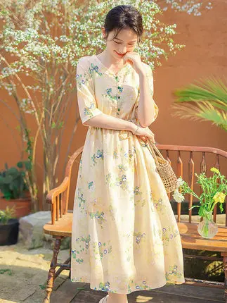 Ele marchio giapponese artistico a cinque quarti Sve stampato ingombrante in vita estivo Midi Dr coreano Sle vita ampia