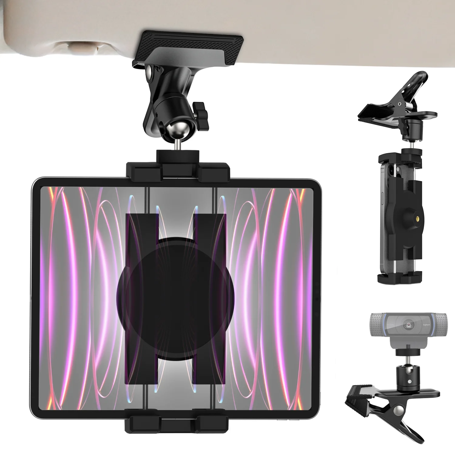 

Car Sun Visor & Steering Wheel Tablet Holder – 360° Swivel, Universal Fit, 1/4” Screw Mount for Tablets & Accessories