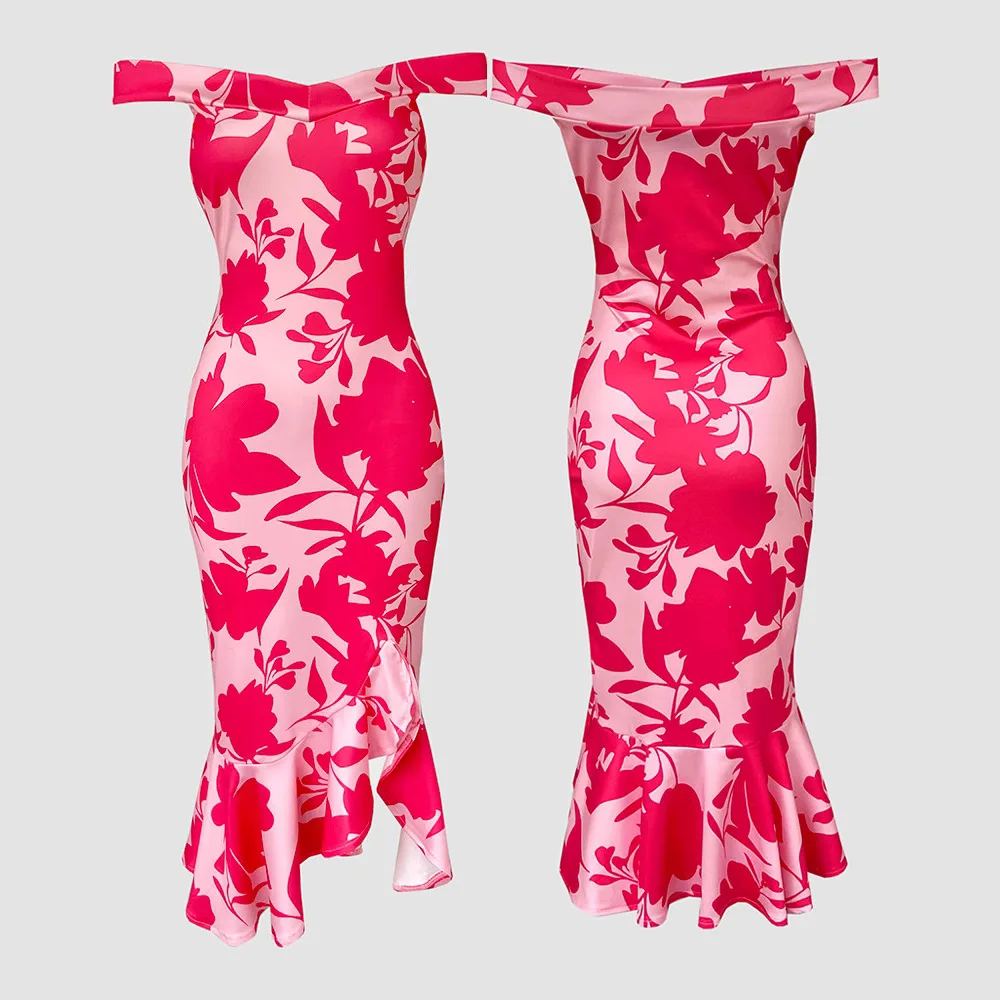 Abito da donna a fiori Abito aderente con spalle scoperte con stampa floreale Abito slim fit con orlo arricciato