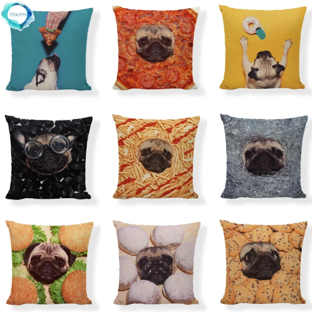 Pug Surrounded By Food Printed Cushion Cover Decorative Sofa Square Pillowcase Cotton Linen Car Chair Seat Throw Pillow Cover