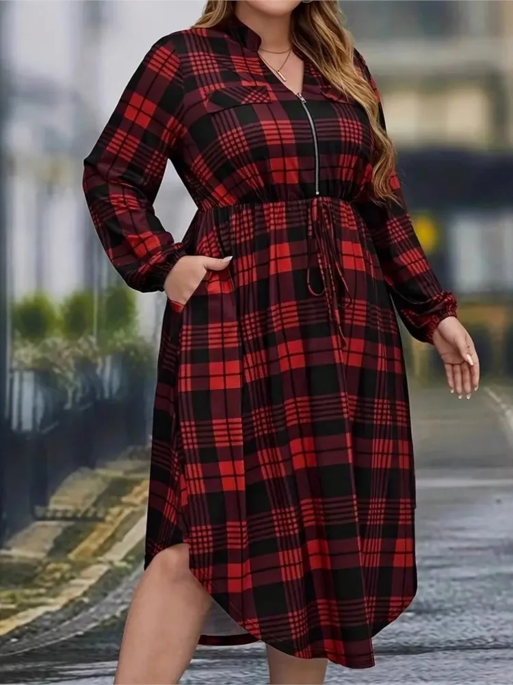 Plus Size Autumn Plaid Striped Print Midi Dress Women V-Neck Fashion Irregular Ladies Dresses Cause Loose Pleated Woman Dress