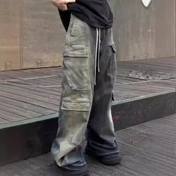 Vintage Gradiënt Multi-zakken Trekkoord Jeans voor Mannen Harajuku Streetwear Oversized Baggy Denim Broek Y2k Mannen Kleding