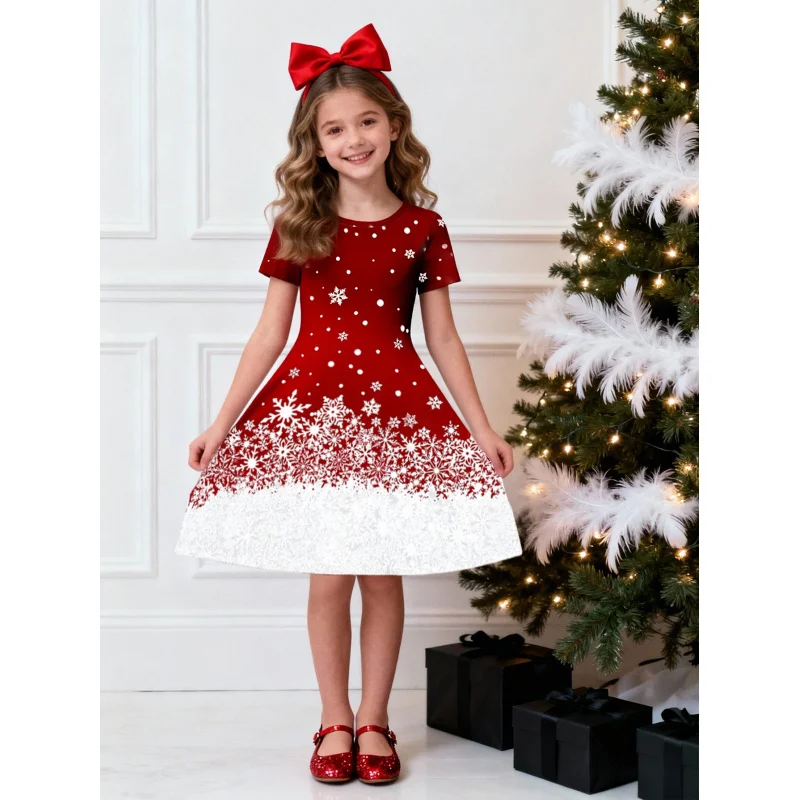 

Girls Red Christmas Snowflake Gradient Print Short Sleeve Dress Cute Holiday A-Line Skirt for Children 2026 Theme
