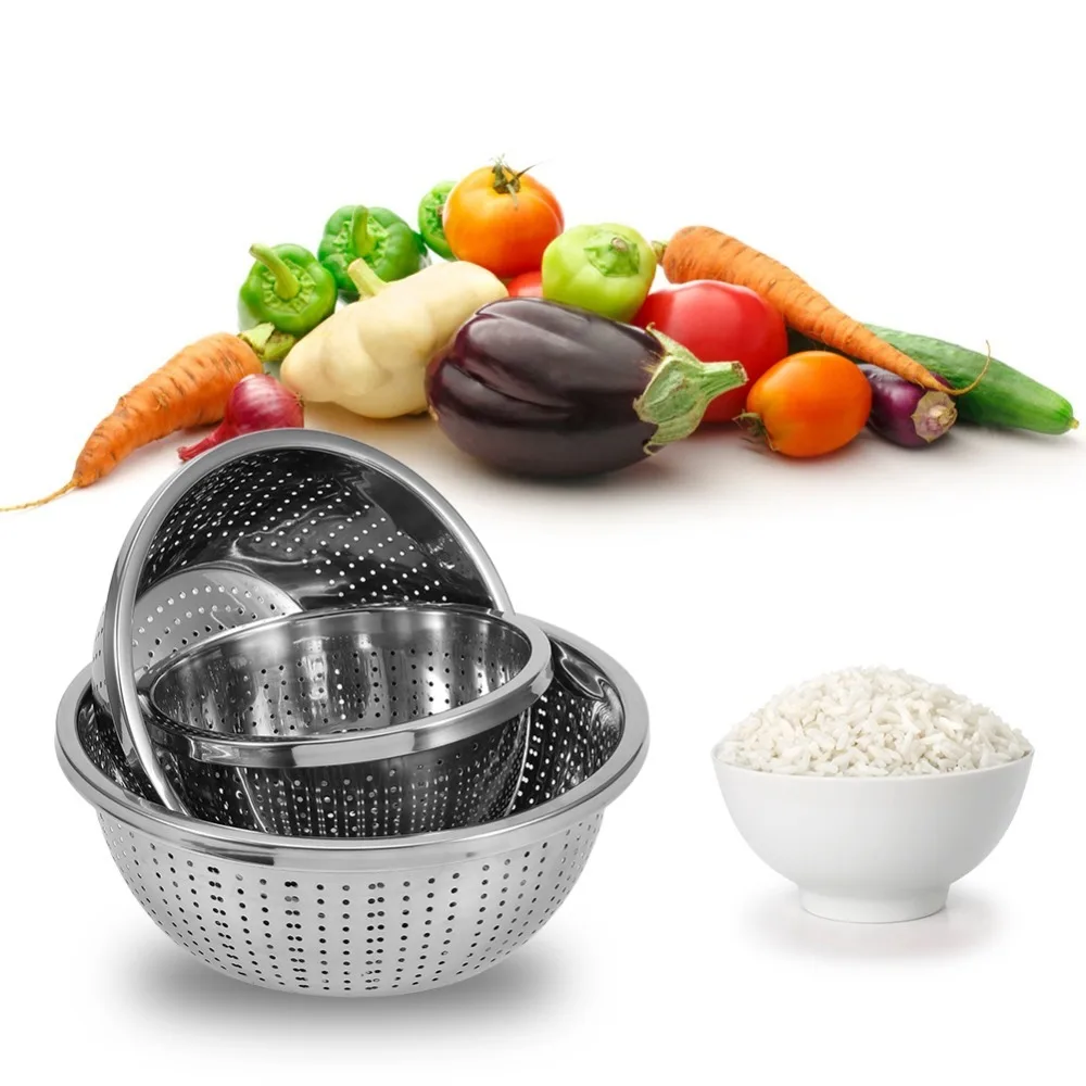 3Pcs Rustless Steel Draining Basket Thickened Anti-collision Basin Wall Vegetable Colander Set Uniform Dense Draining Holes