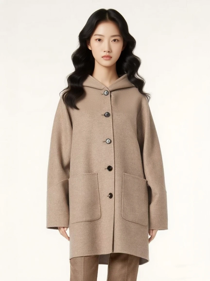 

Elegant Long Hooded Cashmere Woolen Coat for High Net worth Population Stylish Old Money Aesthetic Commute Straight Cut Style