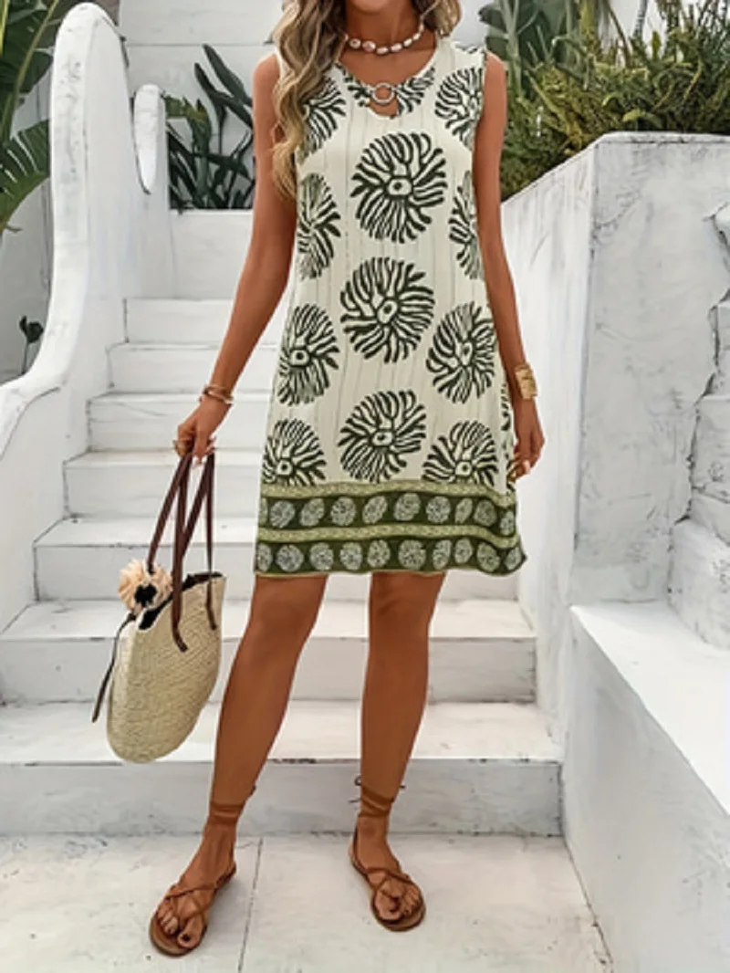 Ärmelloses, bedrucktes Minikleid für Damen, V-Ausschnitt mit Ringausschnitt, lockeres, lässiges Sommer-Strandkleid – Detail 5