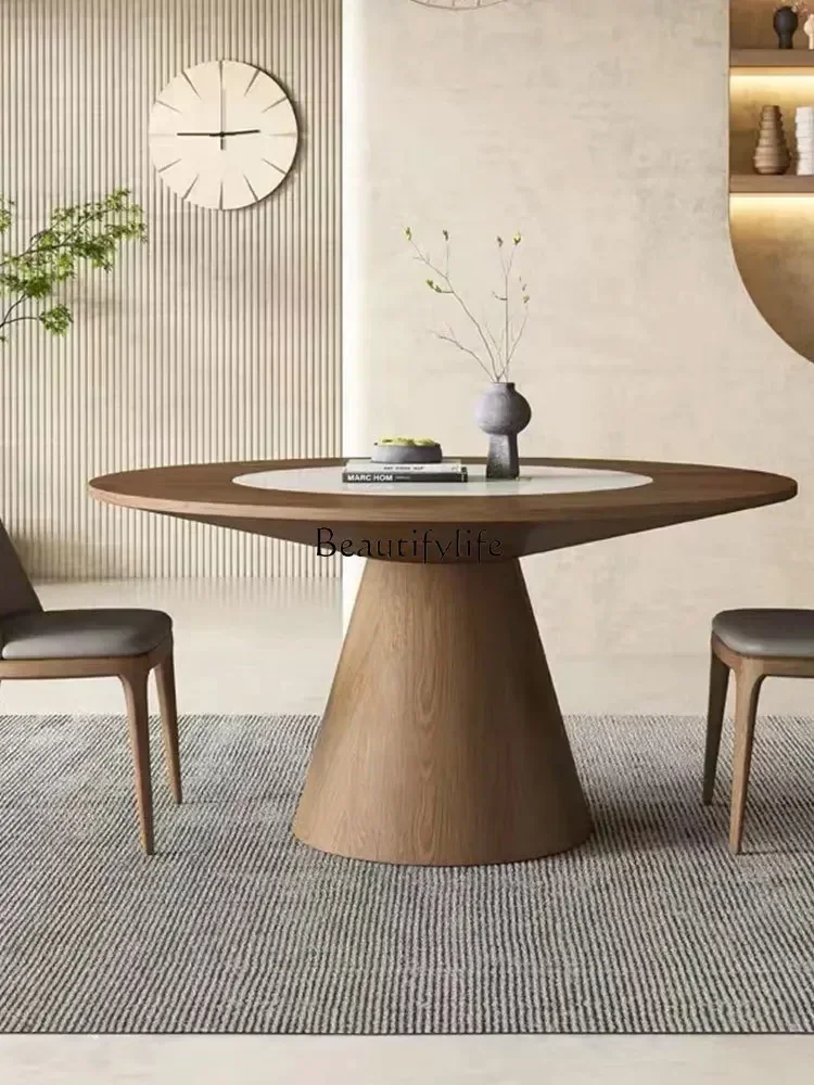 Modern Minimalist Italian Large round Table Minimalist Solid Wood with Embedded Stone Plate Turntable Dining Table