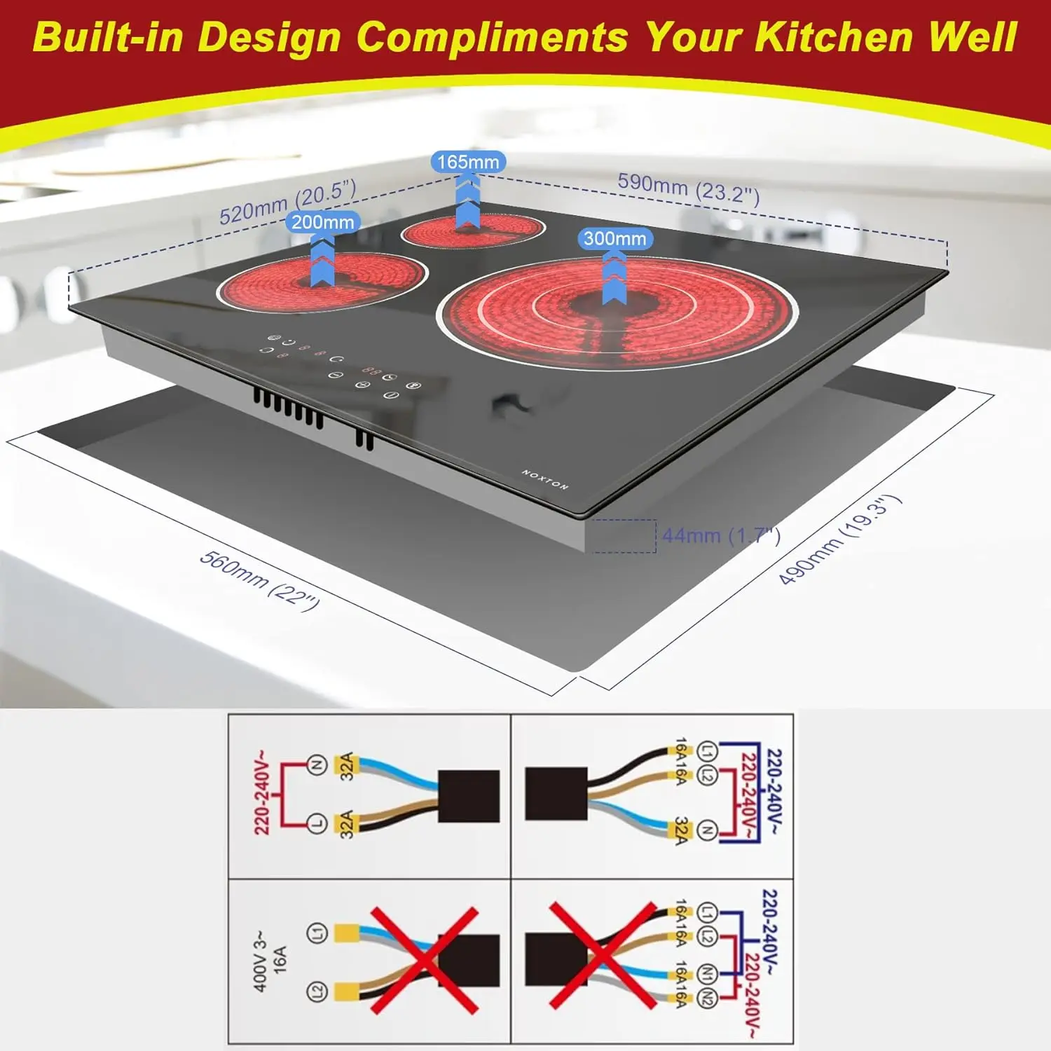 NOXTON Ceramic Hob 3 Zones, Built-in 60CM, 5700W, Expandable Zone, Touch control, 9 Power Levels, 99MinsTimer, No Plug, 220-240V