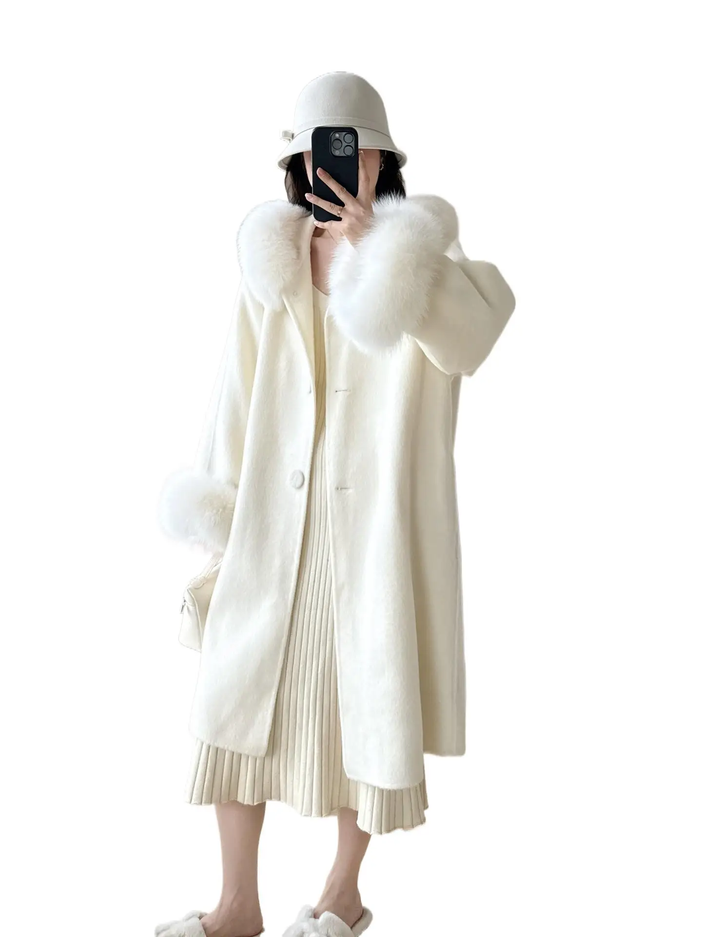 

"Chao Chao Mu Mu 2025 Autumn/Winter mid-length wool double-sided woolen coat for women, knee-length, winter fox fur Hepburn
