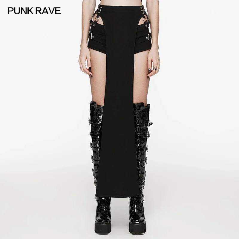 PUNK RAVE Women's Punk Cool Stretch Twill Shorts Suit with Removable Strap Sexy Personality Black Pantskirts Biker Skirts Women