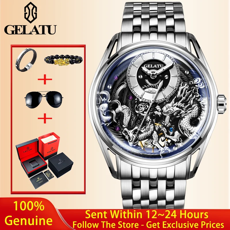 

GELATU Men Watch Luxury Brand Automatic Mechanical Watch Original Sapphire Mirror HD Dragon Pattern Dial Men Formal Watch