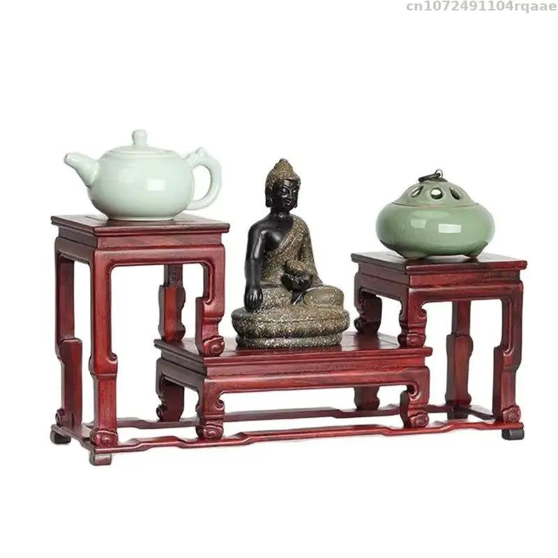 Retro Display Stand 3 Connected Base Incense Burner Buddha Vase Flowerpot Decorative Shelves Natural Solid Wood Coffee Tea Table