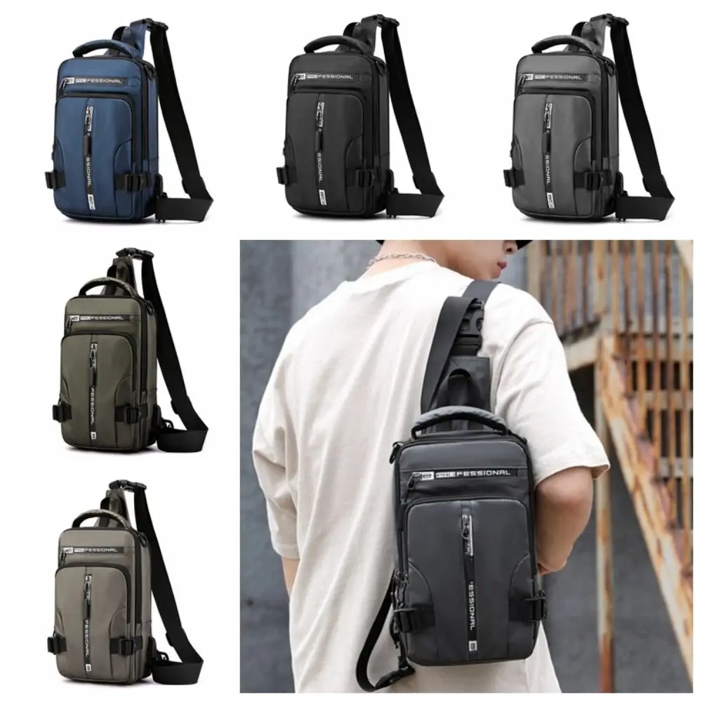 

Simple Multi Pockets Men Chest Bag USB Charging Oxford Cloth Sports Message Bag Shoulder Bag Solid Color Crossbody Bag Boys