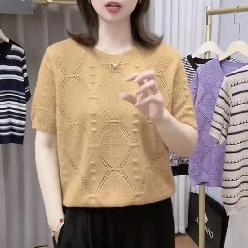 

Korean Fashion Summer T-Shirts Women Solid Color Crew Neck Hollow Out Jacquard Female Casual Short Sleeve Loose Knitted Tops